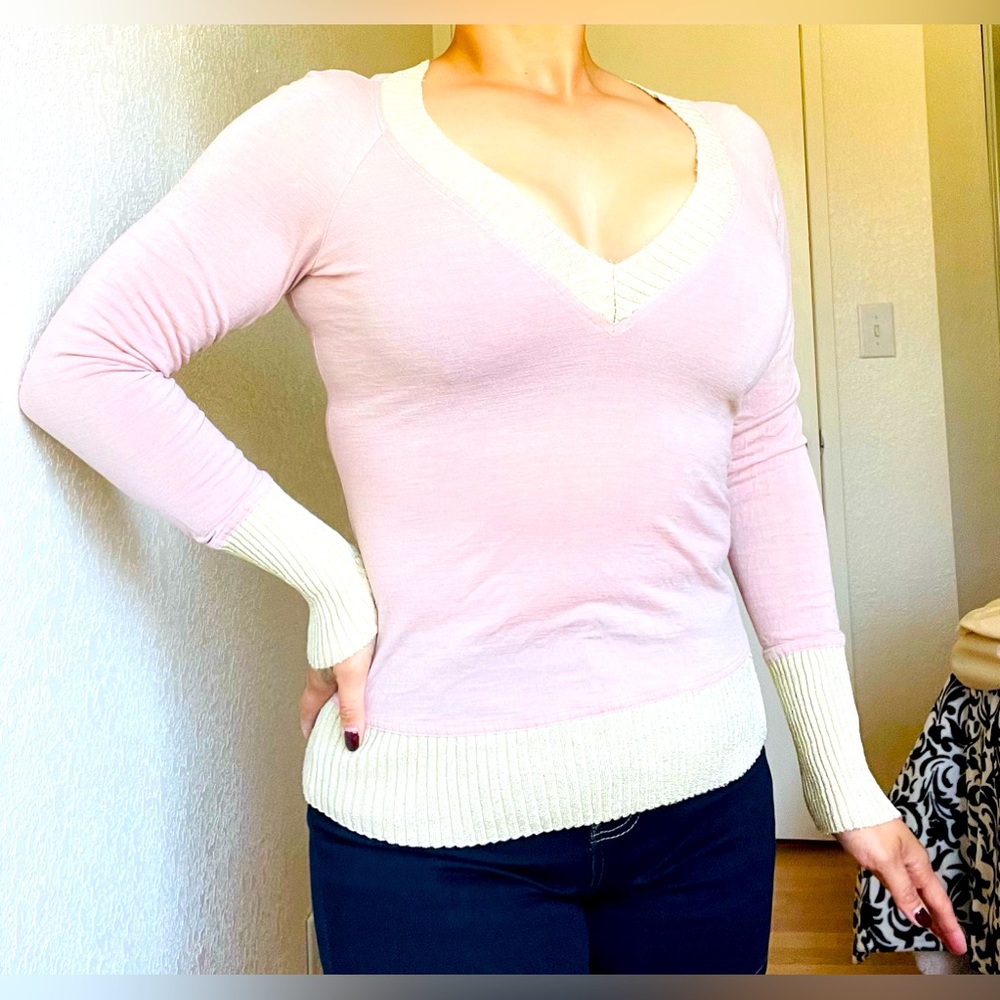 Casual Light Pink V Neck Long Sleeve Dress Sweater Top